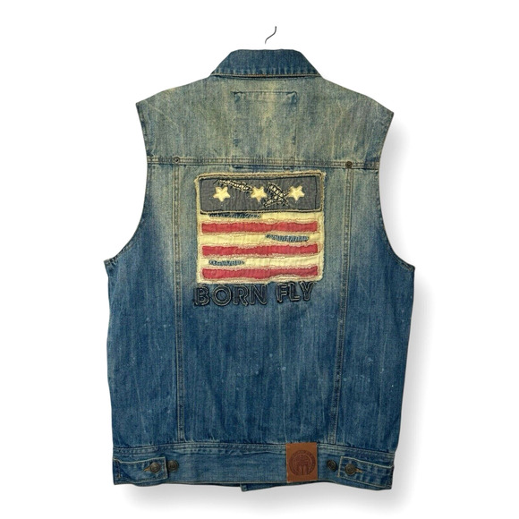 Born Fly Revolutionaries Distressed Denim Vest Men M Biker USA Flag Retro Grunge - Picture 1 of 16